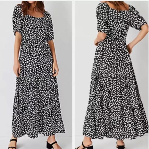 NWT Ann Taylor Spotted Polka Dot Puff Sleeve Boho Tiered Maxi Dress _ Petite XS - Picture 1 of 10